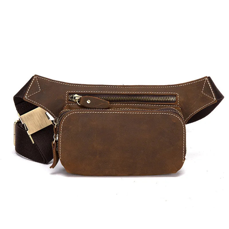 Brown cowhide leather men's sports waist bag showing pull closure and dimensions