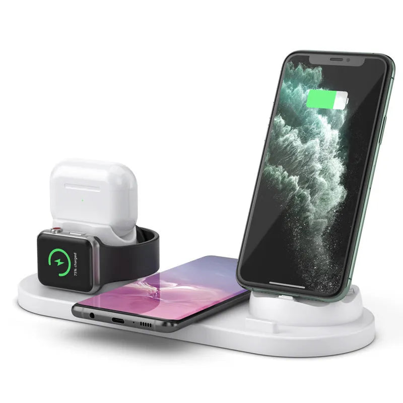 Black or white 6-in-1 wireless charging phone holder with 10W output and AirPods charging