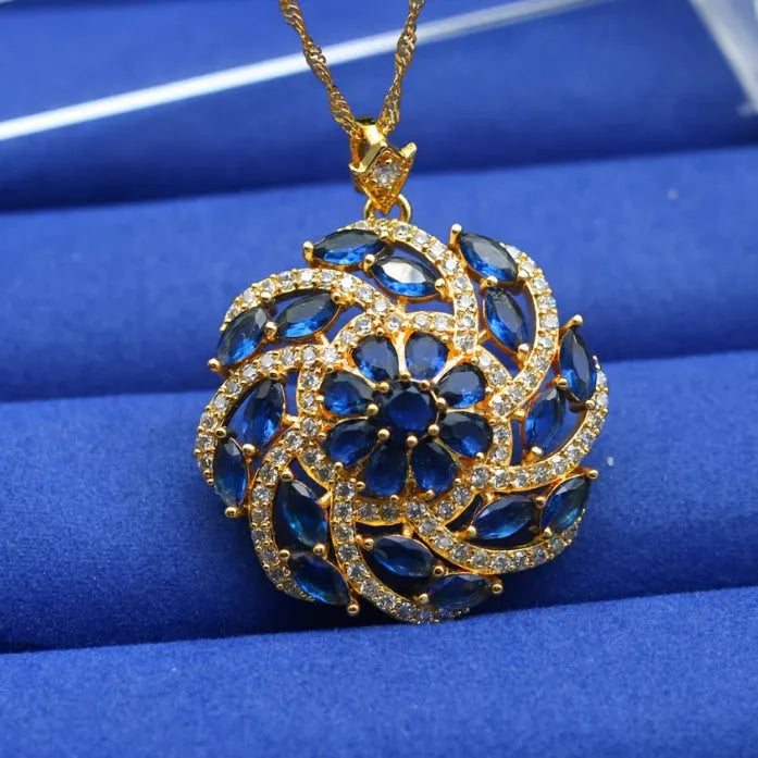 Spiral flower pendant necklace in real gold plated copper with micro inlaid zircon, Blue or Colour option