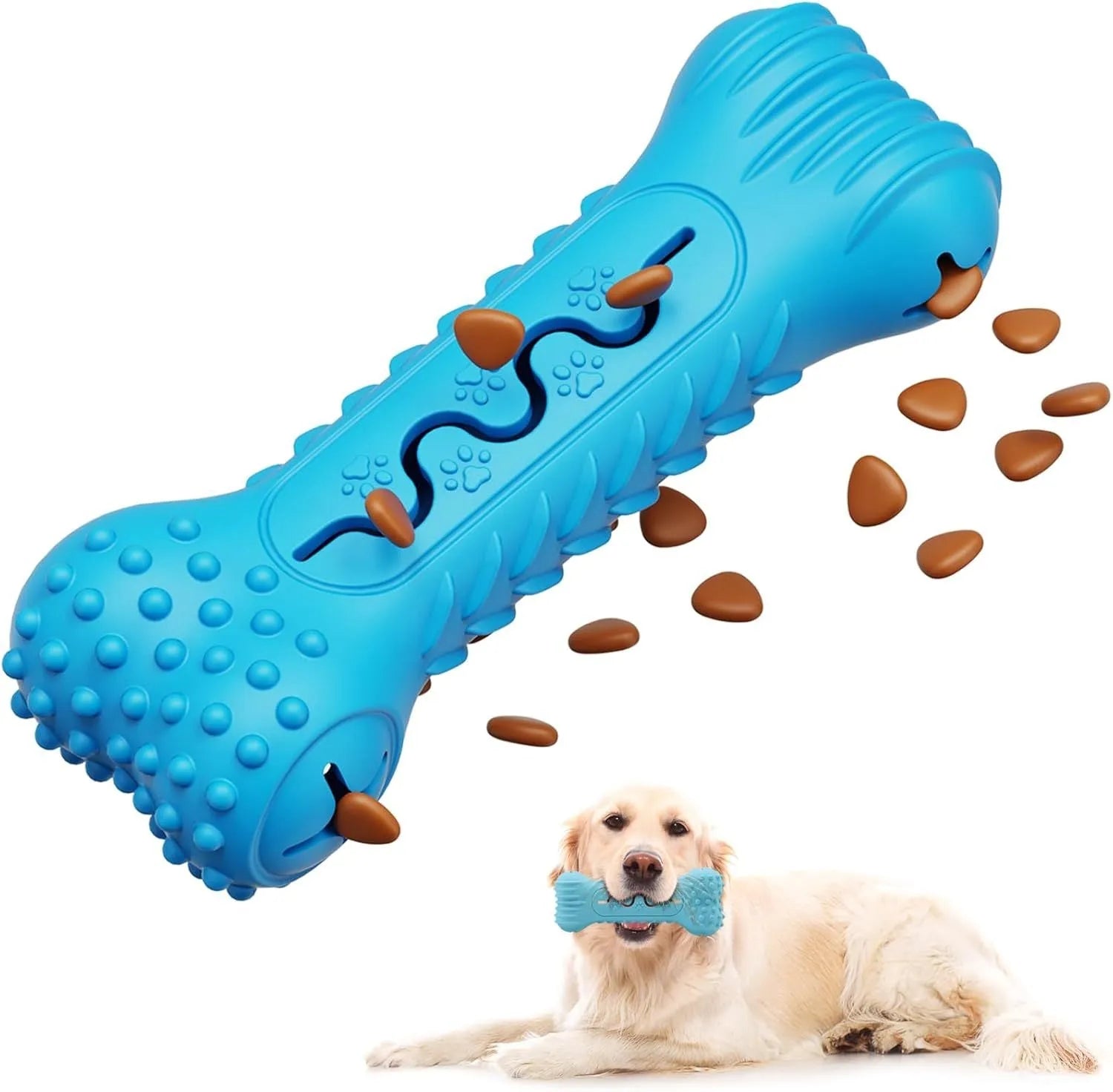Blue bone-shaped natural rubber dog chew toy with textured surface