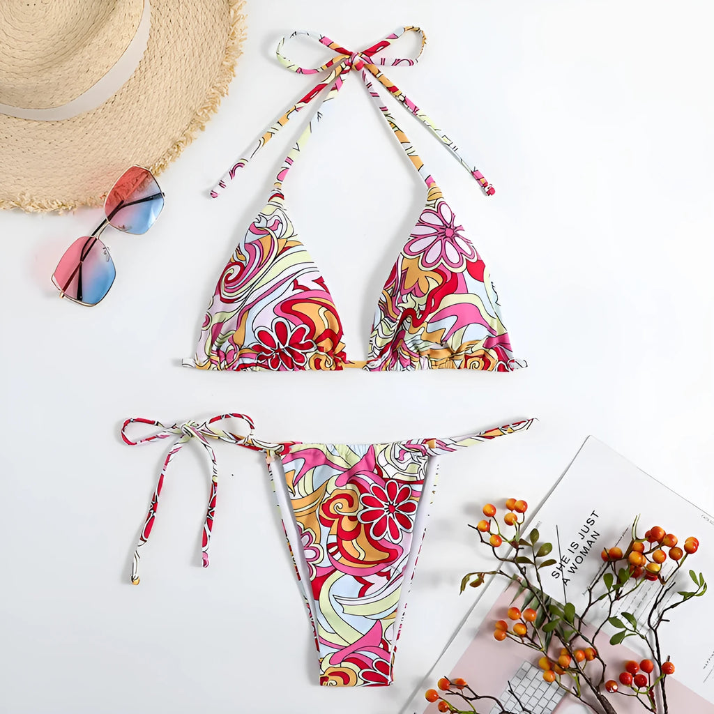 Women's triangle printed bikini set with halter neck top and separate bottom in multicolor pattern