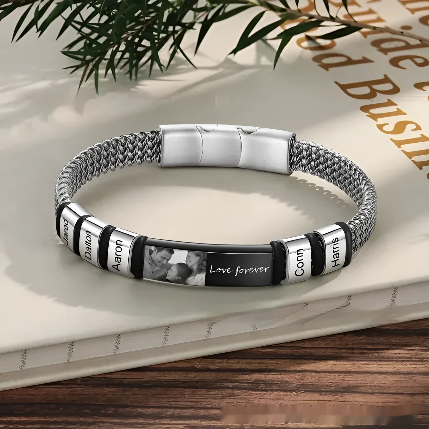 Unisex titanium steel bracelet with heart-shaped lettering bead and leather rope in gift box