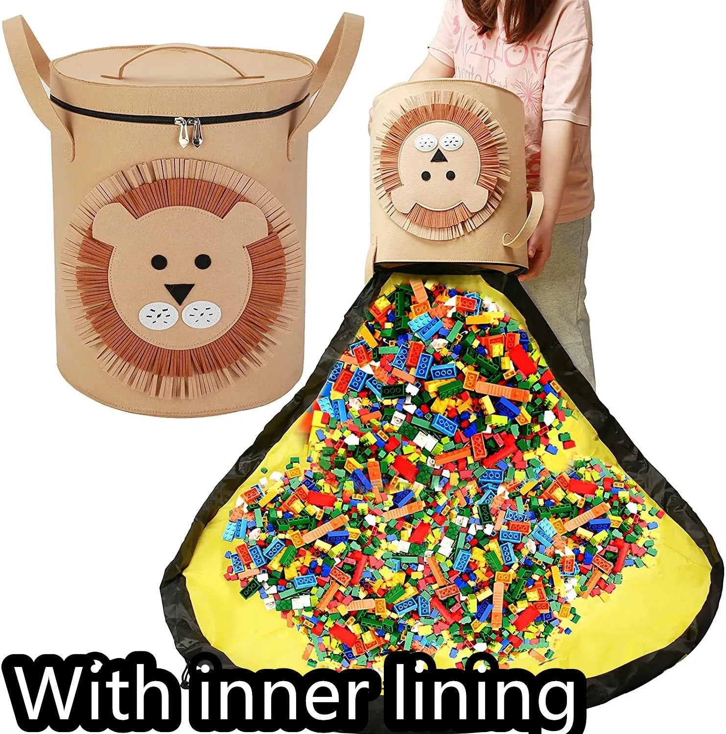 Green felt cube storage bag with pull rope that converts into a flat play mat for toys.