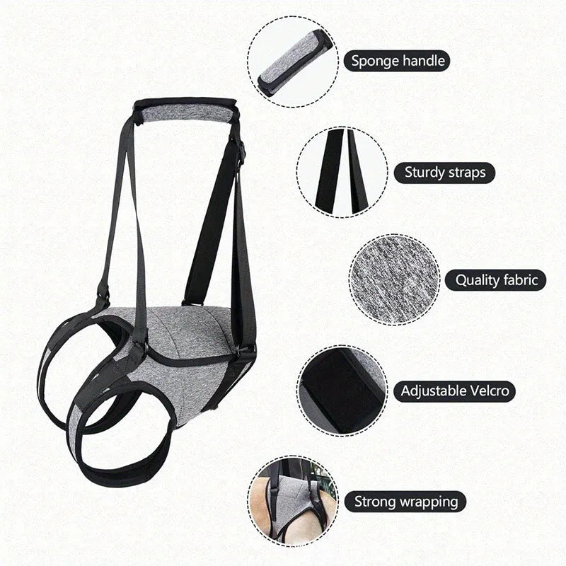 Grey neoprene dog recovery belt for injured rear legs, showing adjustable waist and thigh straps.