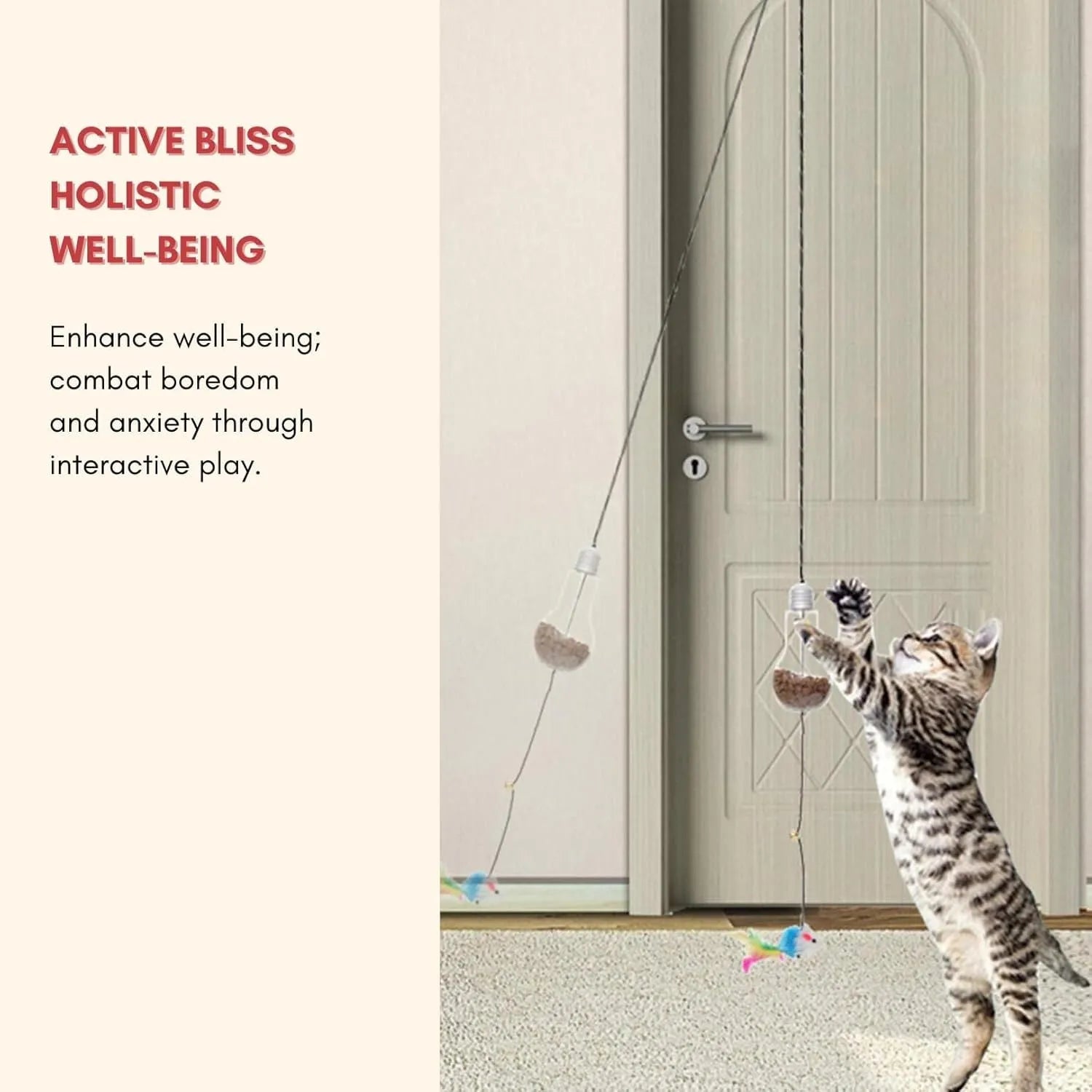 Interactive cat toy hanging on door frame with treat bulb and dangling mouse toy on elastic rope