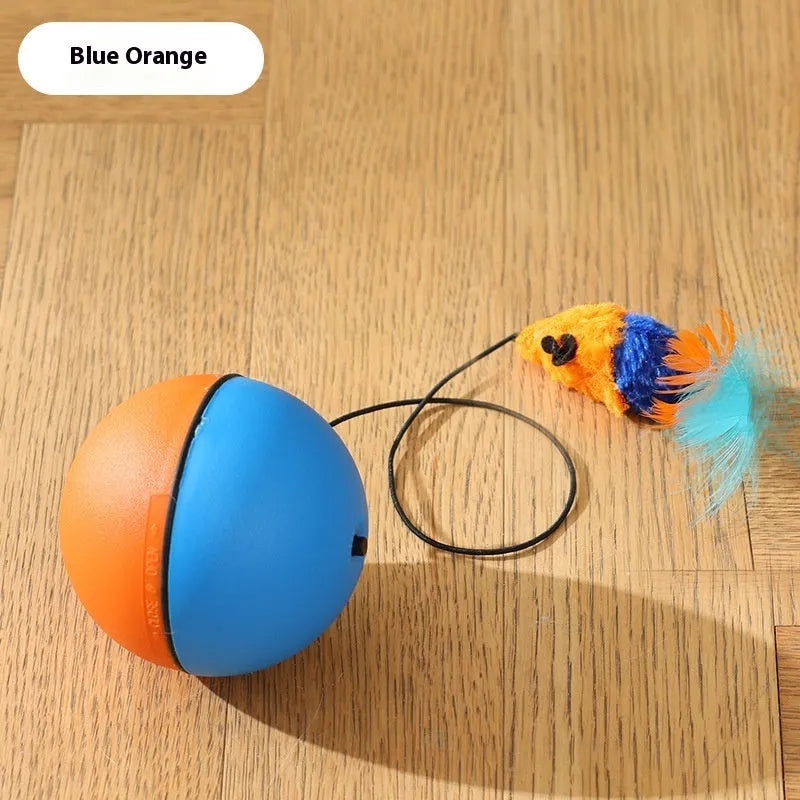 Automatic cat teasing ball toy with plush mouse attachment in blue orange and dark grey colour options