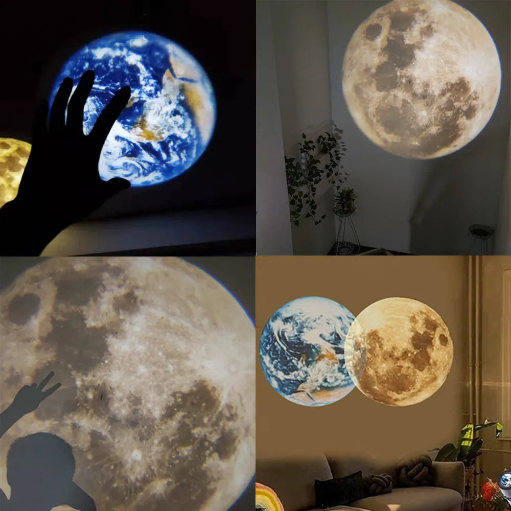 USB-powered Earth and Moon projection lamp with flexible hose bracket on a wooden table.