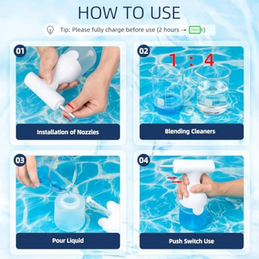 White electric foam soap dispenser with rechargeable battery and two nozzles for pet bathing and household cleaning
