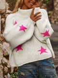 White women's turtleneck pullover sweater with five-pointed star pattern and loose fit