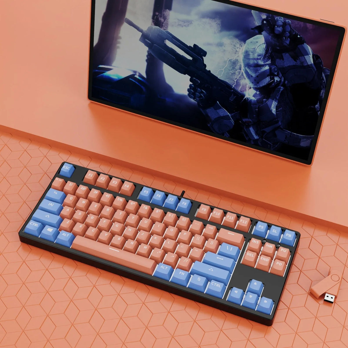 87-key mechanical keyboard with colourful keys on black or white metal chassis