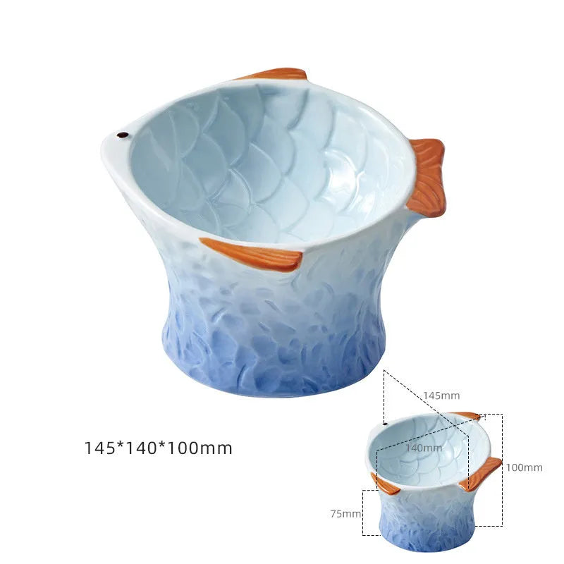 Ceramic cat feeder bowls fish shape design with 15-degree tilt angle and elevated height
