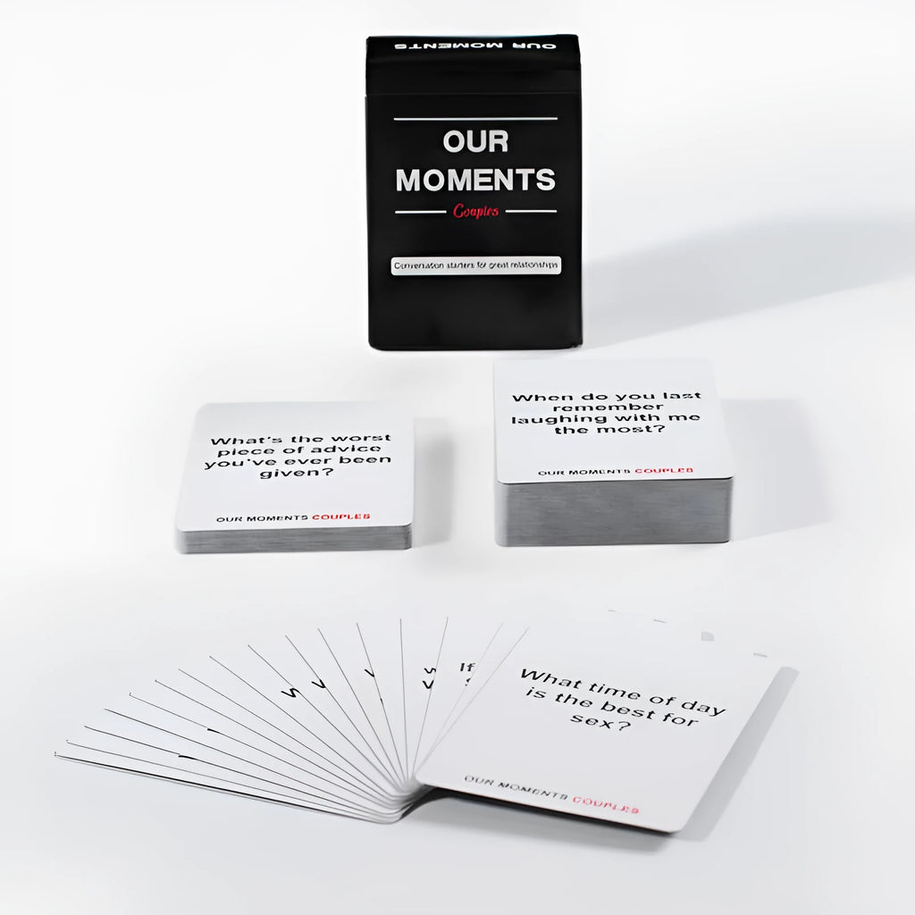 Black box containing Our Time Lovers Edition coated paper communication cards for couples.