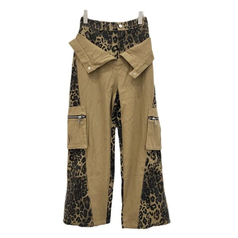 Dark khaki leopard print high waist jeans with fake two-stitching design on straight leg cotton denim trousers