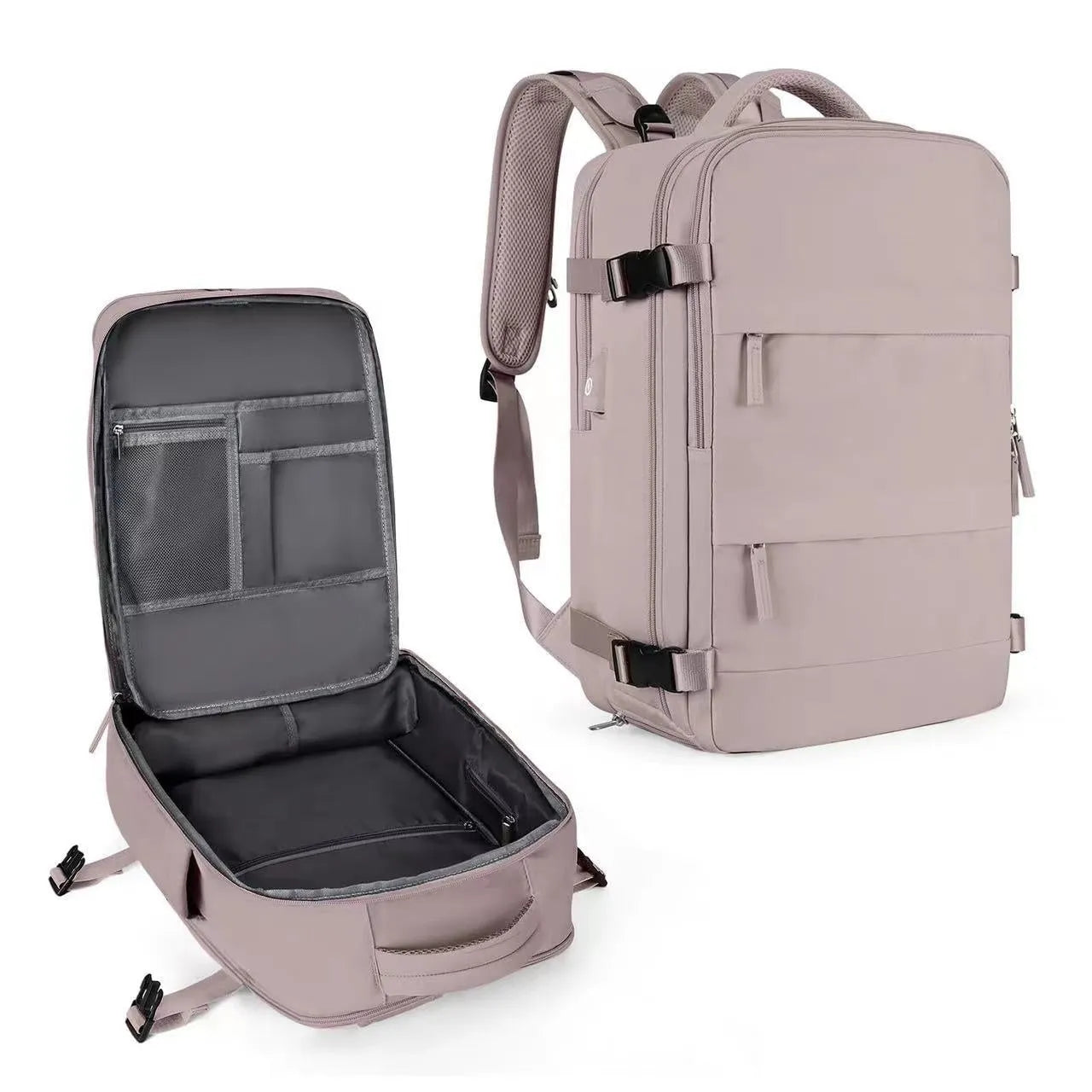 Large capacity waterproof mummy backpack in nylon available in multiple colours including black, mint green, pink, and light blue