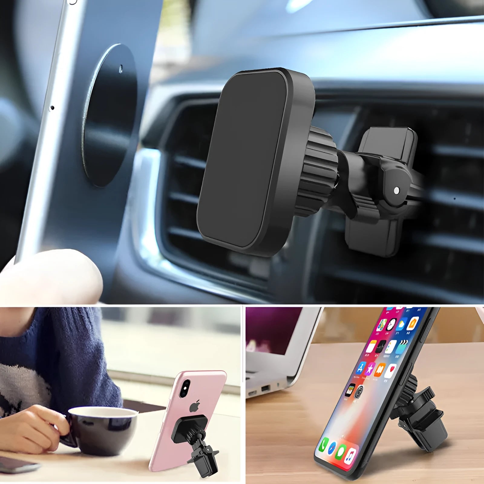 Magnetic car air vent phone holder mounted on vehicle dashboard