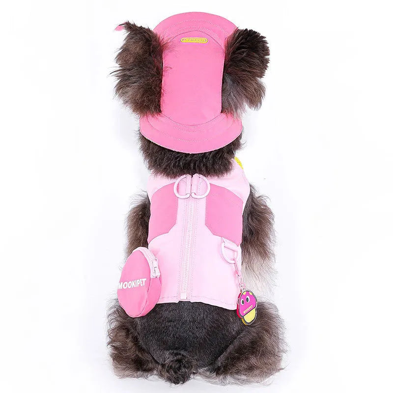 Pink polyester dog vest on a small white dog, showing casual style and fit.