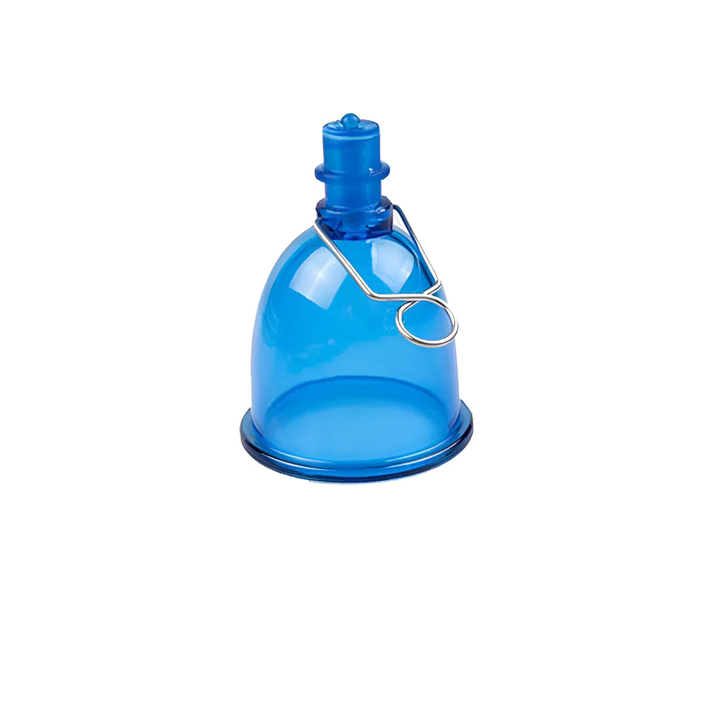 Blue silicone male adult exerciser cup shown in small, medium, and large size options