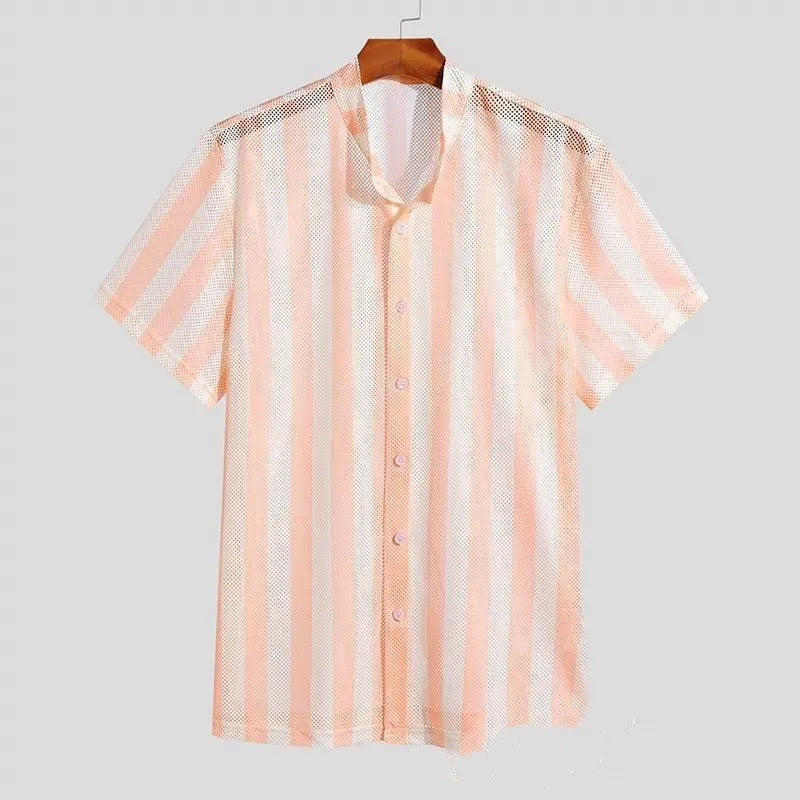 Men's pink loose fit summer shirt with waffle texture fabric and short sleeves