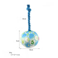Blue and yellow cartoon elastic football dog toy made from cotton rope for tug of war and chewing.