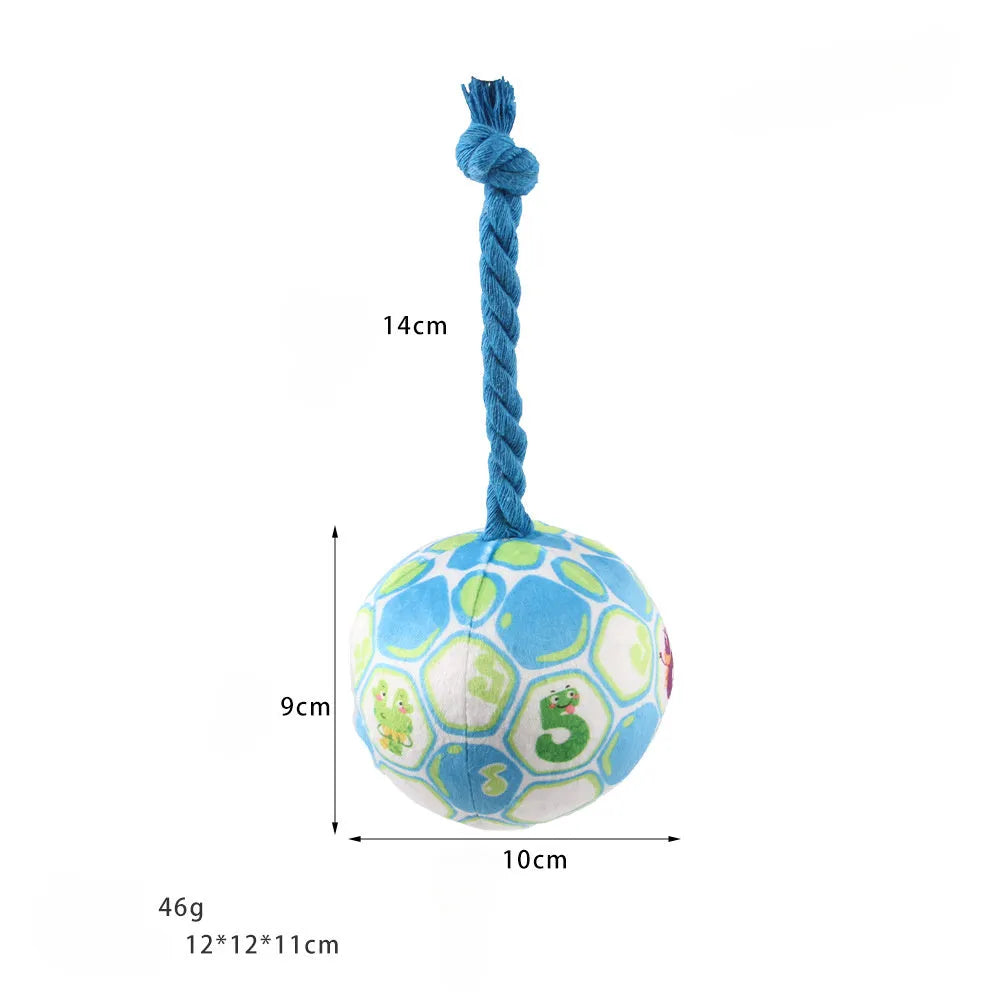 Blue and yellow cartoon elastic football dog toy made from cotton rope for tug of war and chewing.