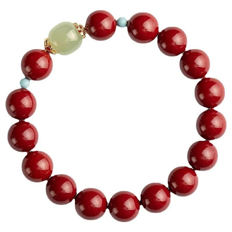 Cinnabar Hetian jade bracelet with purple gold sand finish and geometric ellipse beads in three sizes