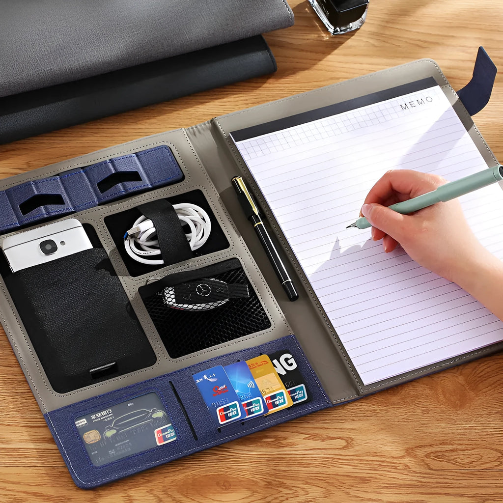 Leather A4 business folder with optional pen and notepad accessories in black colour
