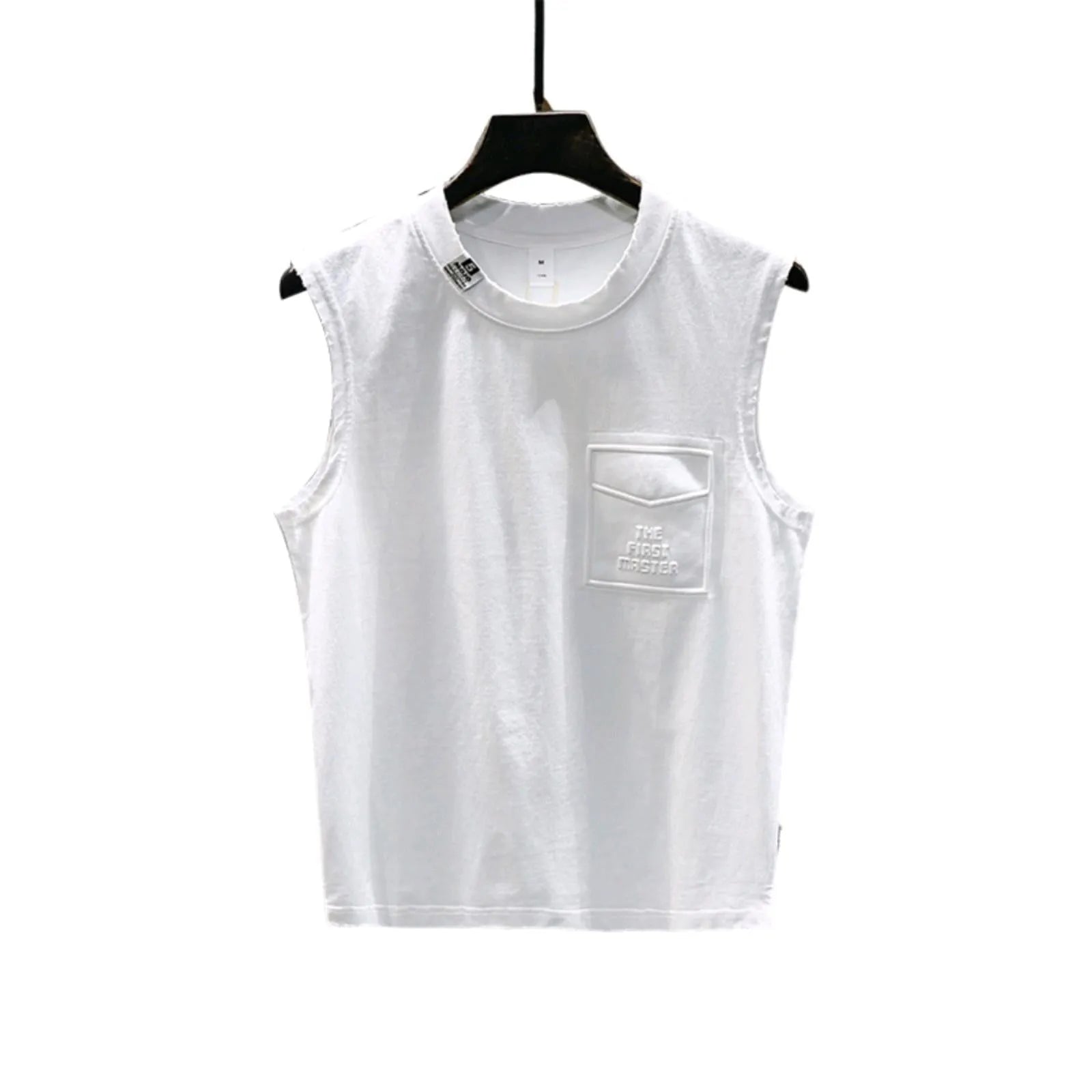 Loose fit cotton sleeveless t-shirt in black on a hanger, showing straight hem design.