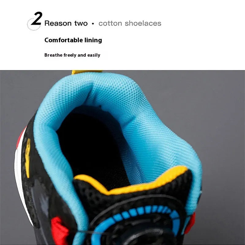 Children's rotating button basketball shoes in multiple colours with waterproof synthetic leather construction