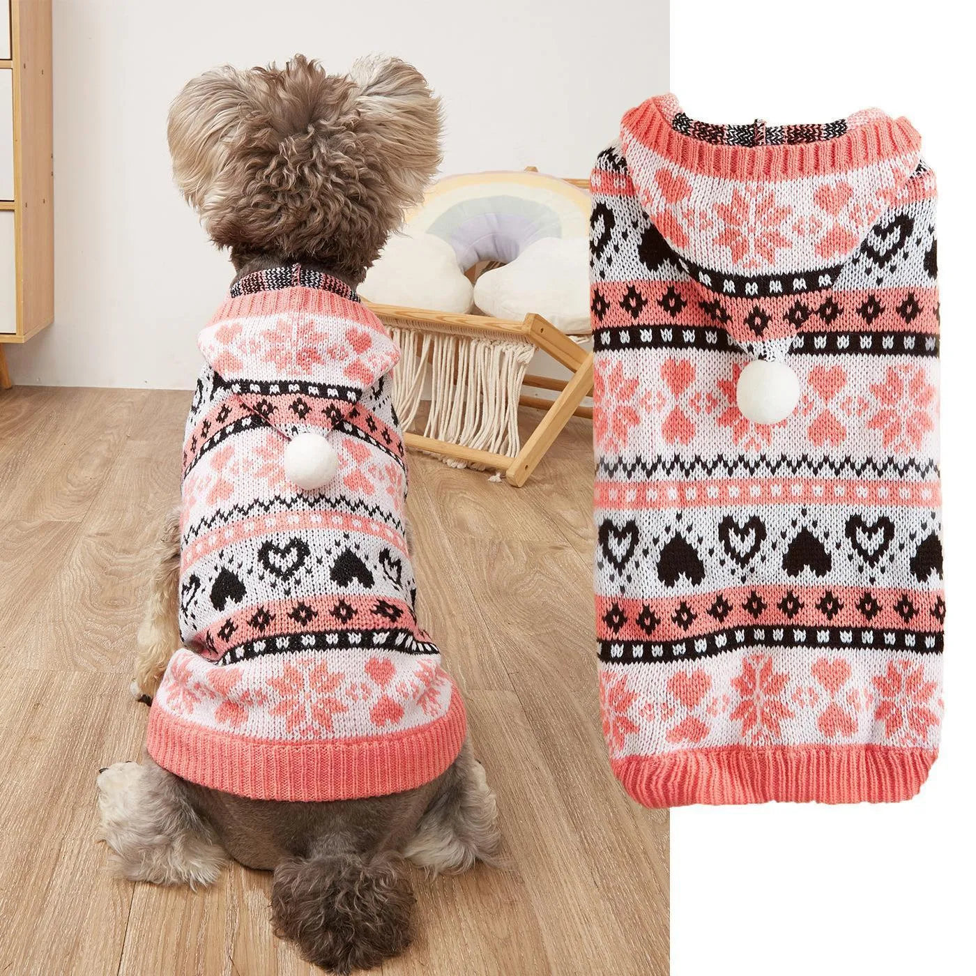 Pink blue grey acrylic dog sweater with snowflake love striped camouflage pattern for small breeds