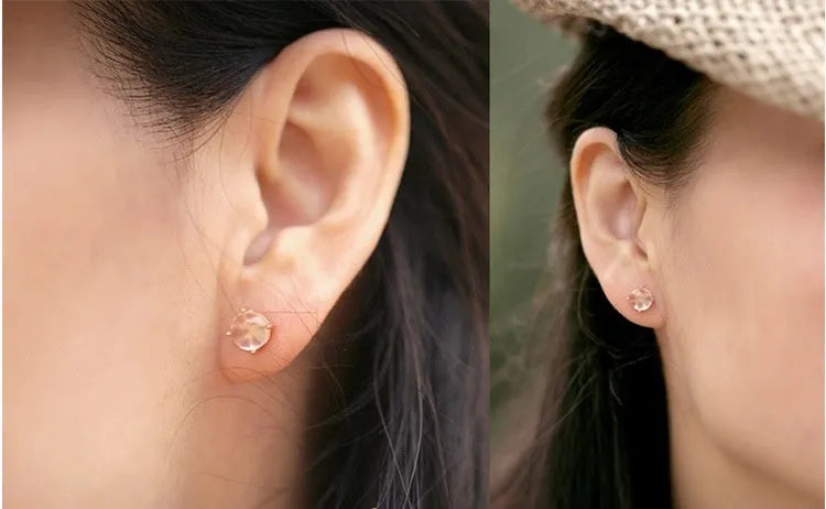 Korean style women's rose gold drop shape stud earrings with synthetic quartz and crystal inlay