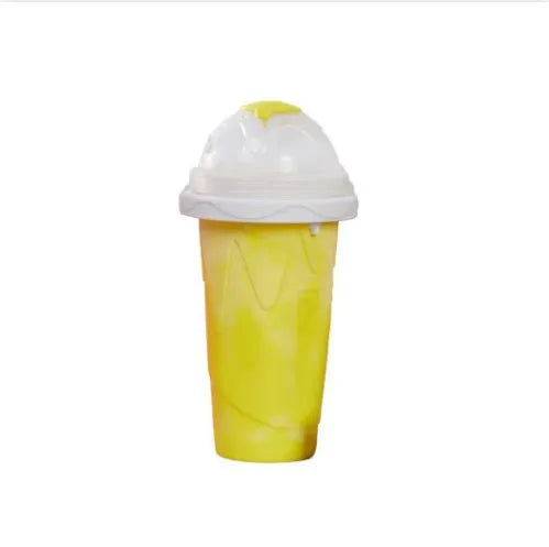 Blue double wall silicone cold shake cup with cylindrical shape and pinch activation for instant beverage cooling