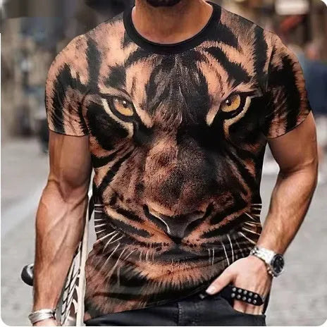 Men's black T-shirt featuring a textured 3D printed lion graphic on the chest.