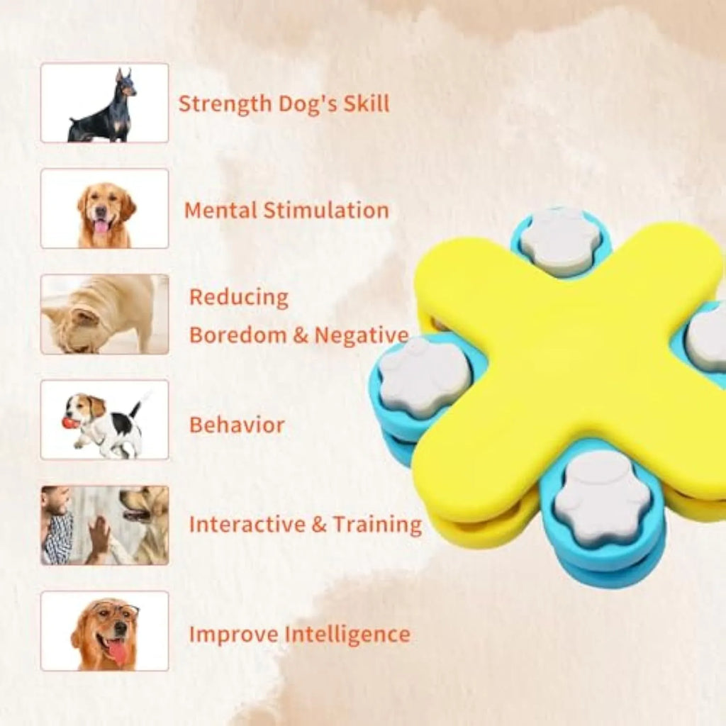 Yellow dog puzzle feeder toy with three rotating layers and claw-shaped lids
