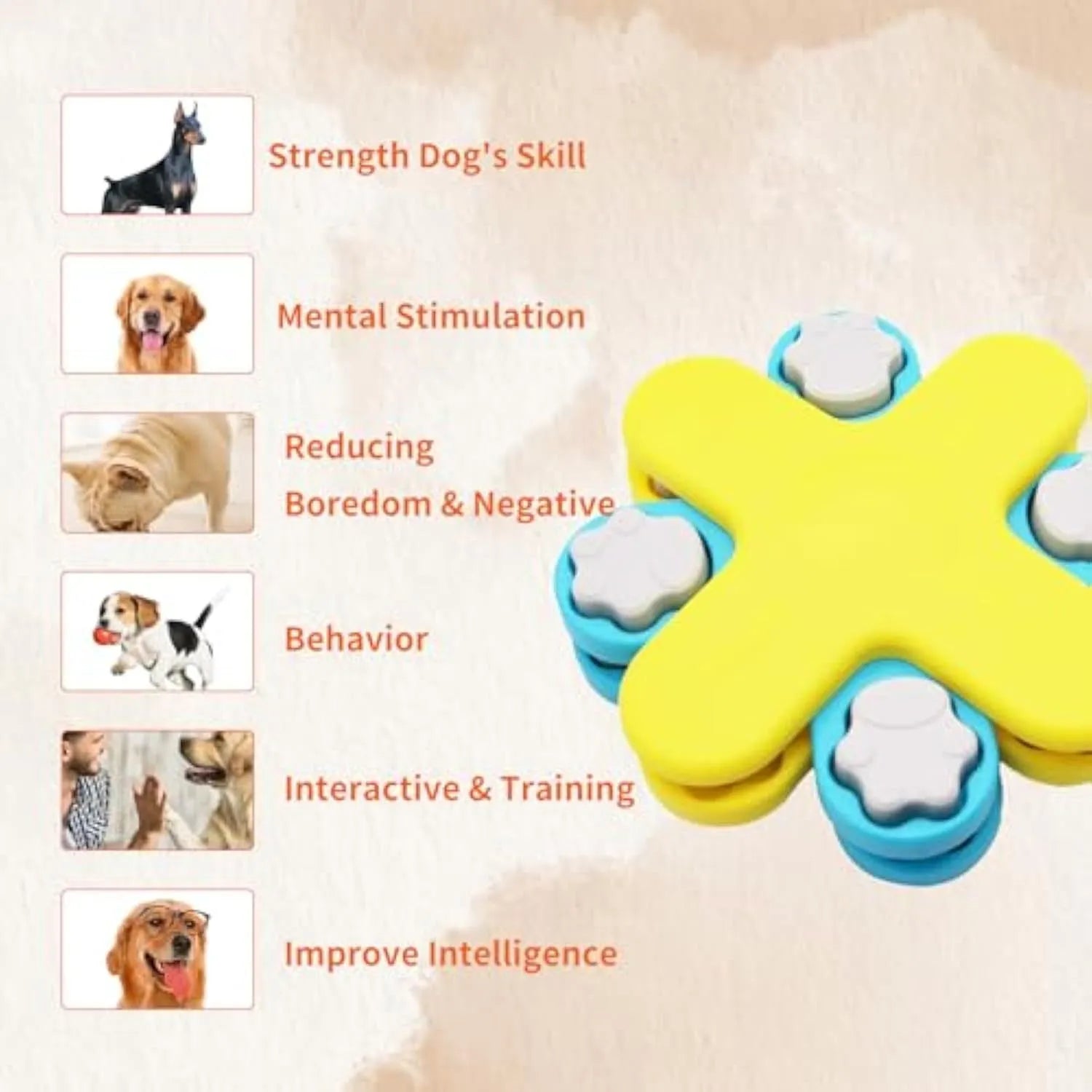 Yellow dog puzzle feeder toy with three rotating layers and claw-shaped lids