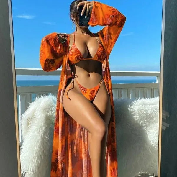 Split long sleeve ins blouse banded bikini swimwear set with floral pattern