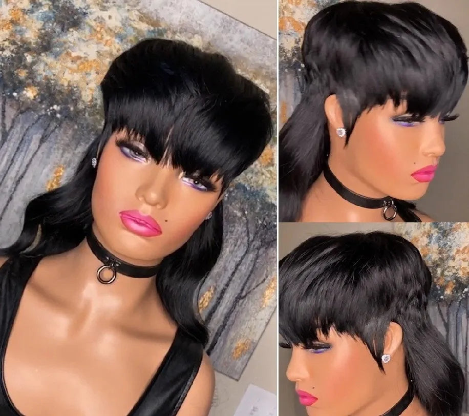 Black synthetic Brazilian-style wig with front bangs and long, layered back hair.