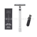 Manual barber shaving razor and brush combination set in traditional metal construction