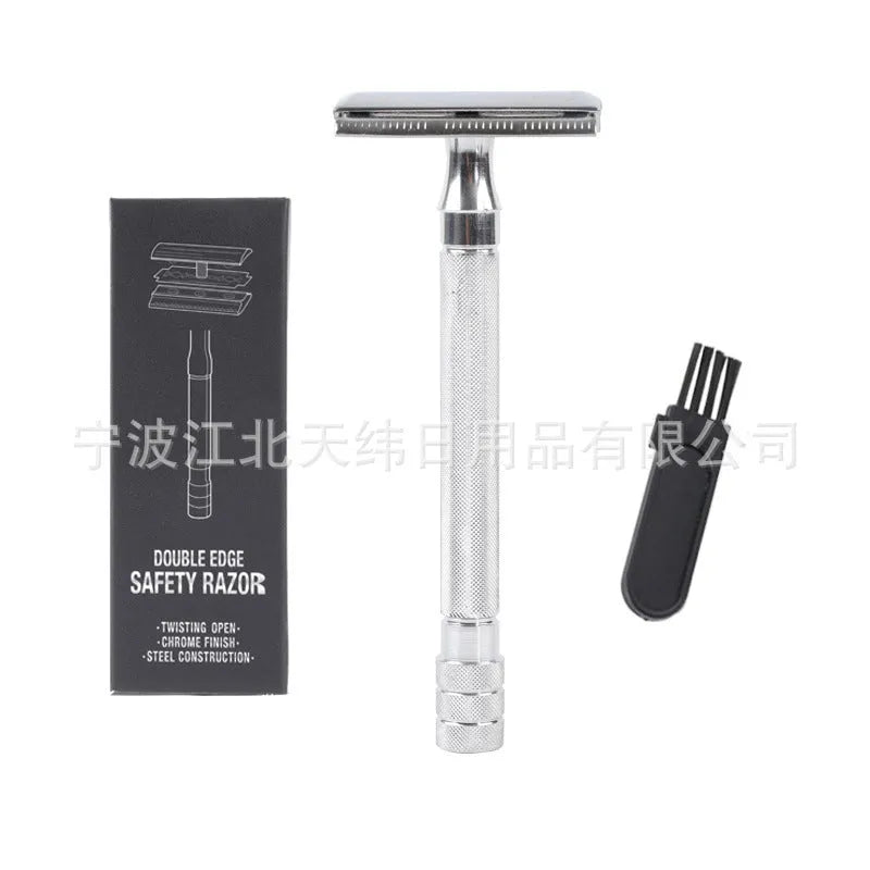 Manual barber shaving razor and brush combination set in traditional metal construction