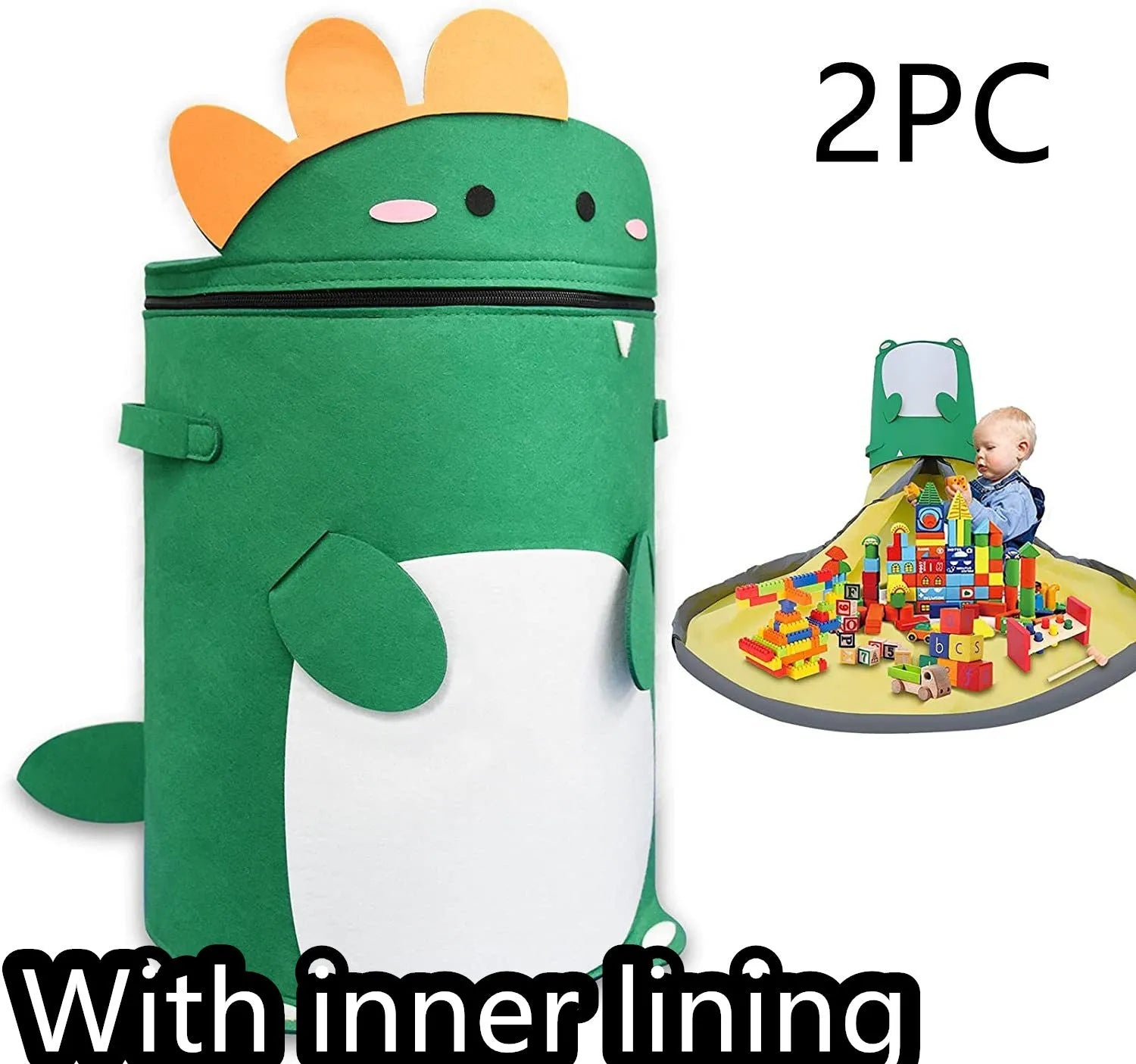 Green felt cube storage bag with pull rope that converts into a flat play mat for toys.