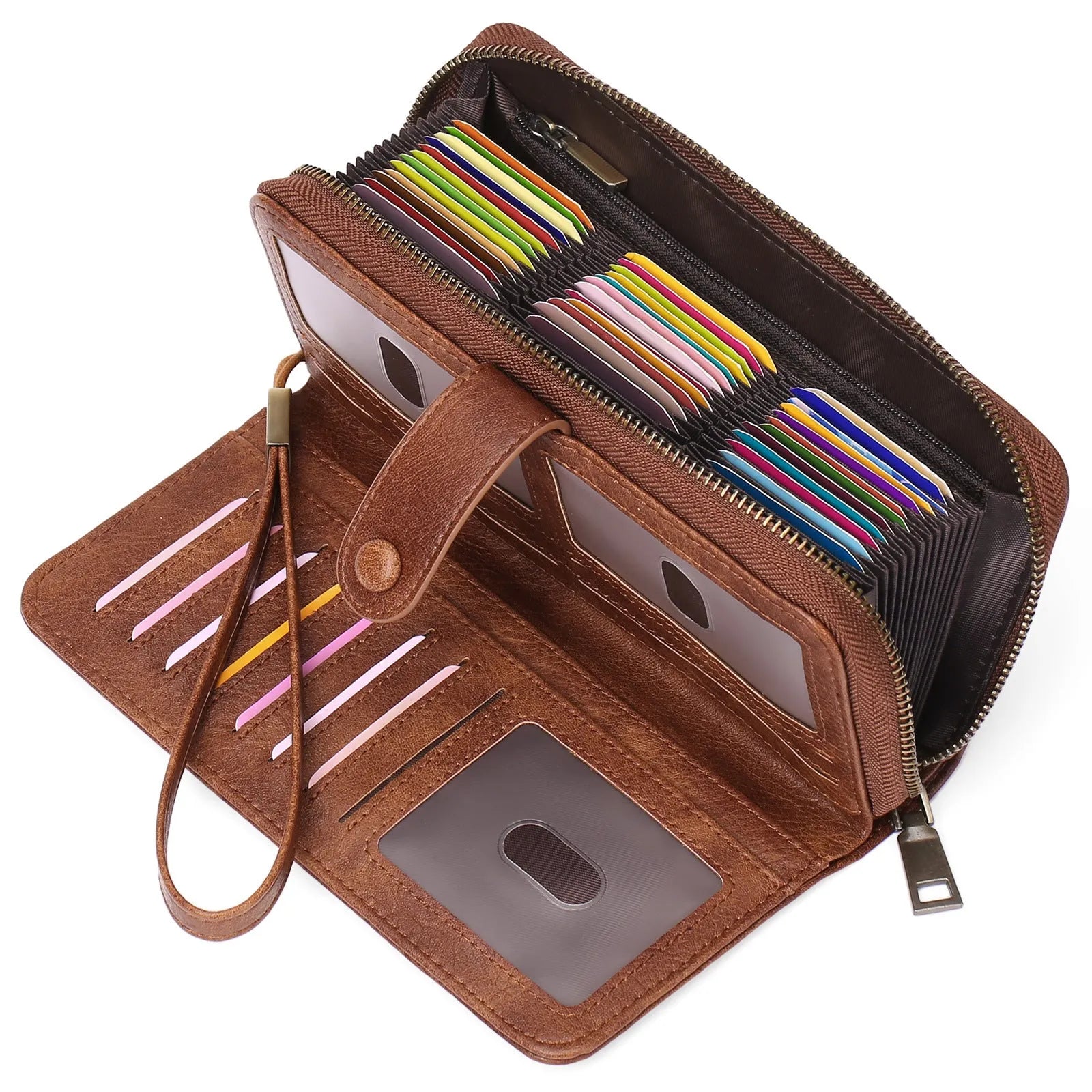 Expanding card holder women long wallet passport bag in light brown PU leather with anti-theft feature