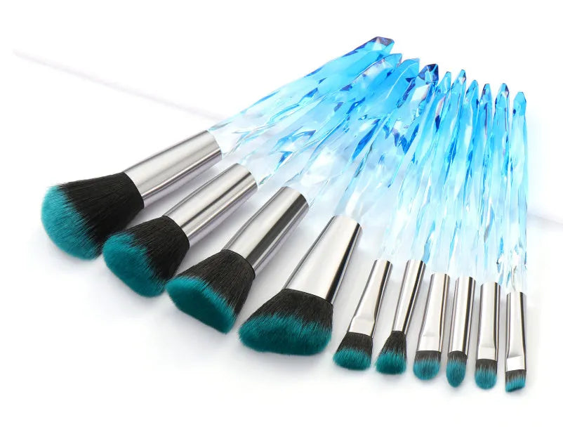 Set of 10 clear crystal handle foundation brushes with artificial fibre bristles in black blue red or yellow