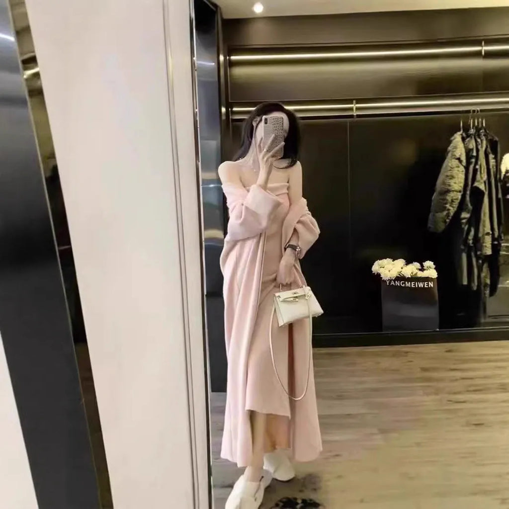 Women's knitted cardigan and long skirt dress suit set with flocking detail in various colours