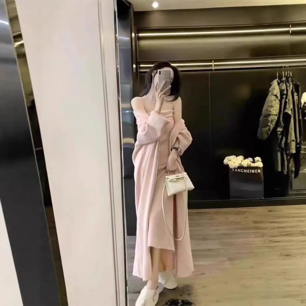 Women's knitted cardigan and long skirt dress suit set with flocking detail in various colours