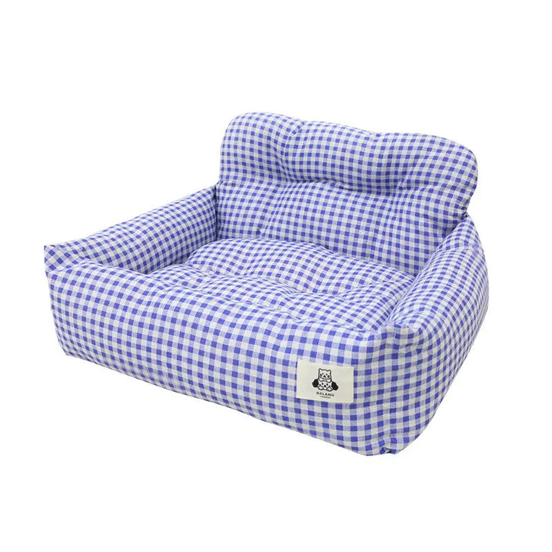 Grey and blue plaid car-mounted pet nest for dogs with stain-resistant cloth construction