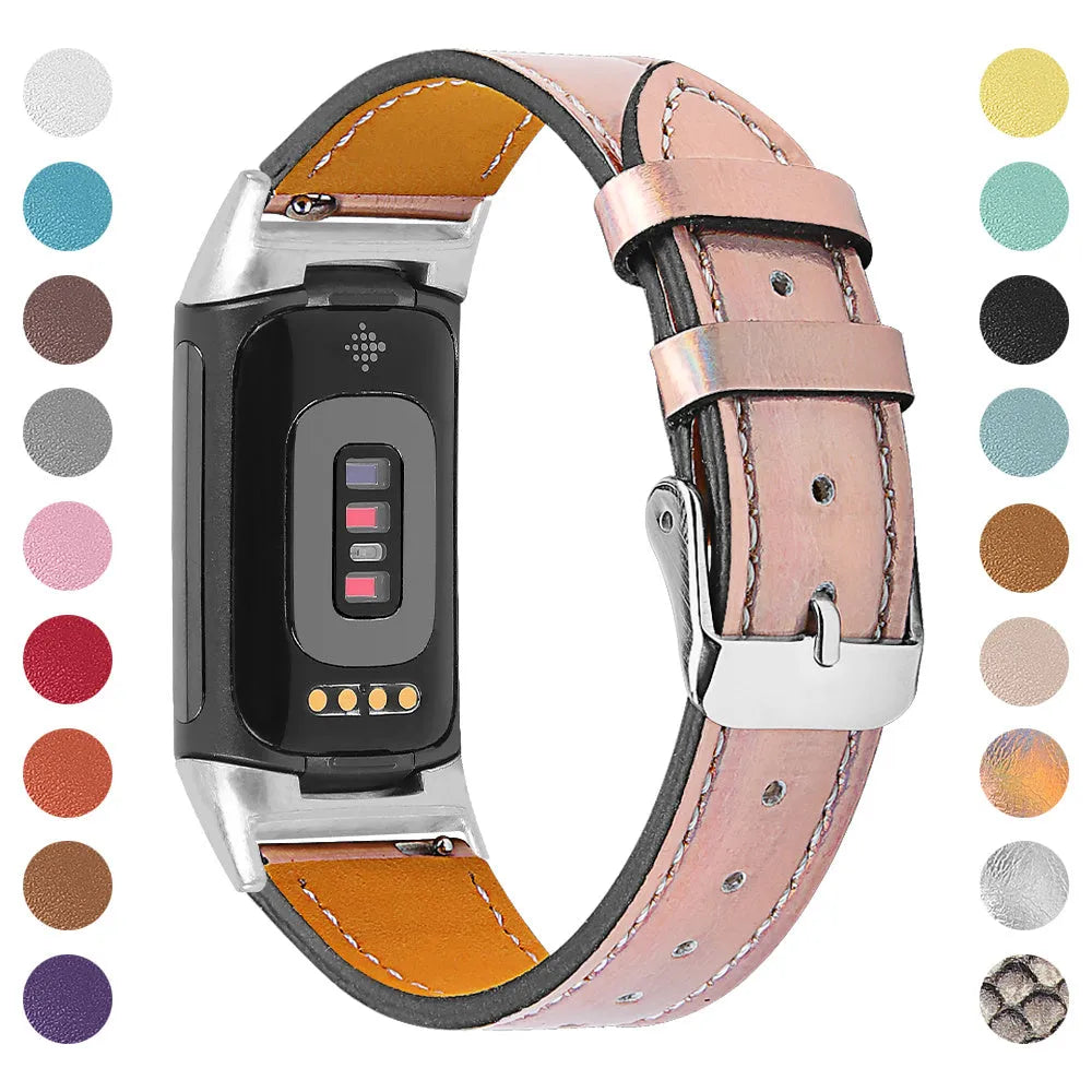 Genuine cowhide leather replacement strap with buckle clasp for Fitbit Charge 5 and Charge 6 smartwatches.