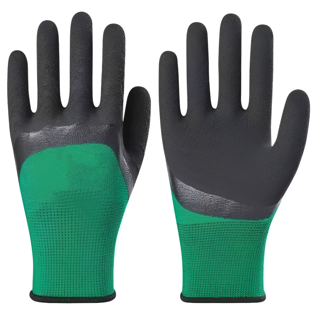 Black and green rubber work gloves with a textured non-slip palm