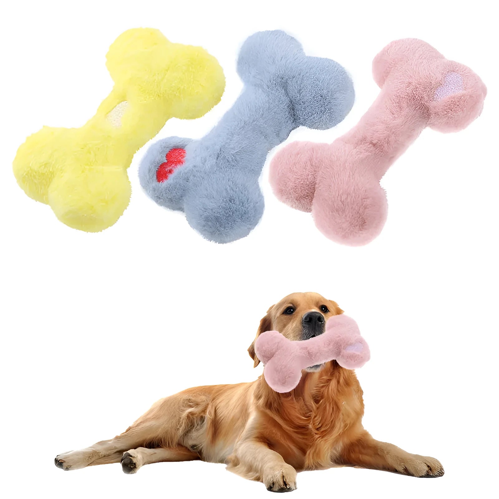 Plush love bone dog toy with squeaker in blue pink yellow colours