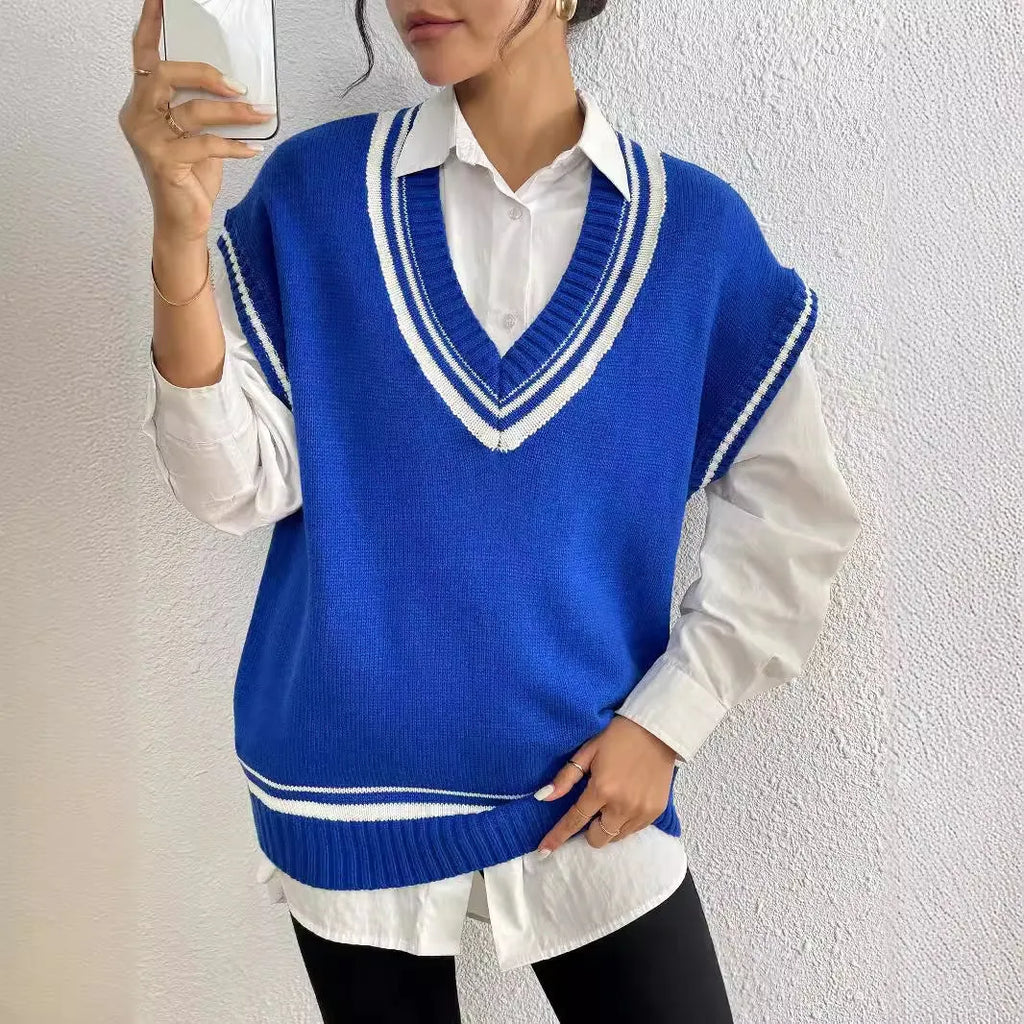 Blue loose women's wool vest sweater with a casual pullover design.