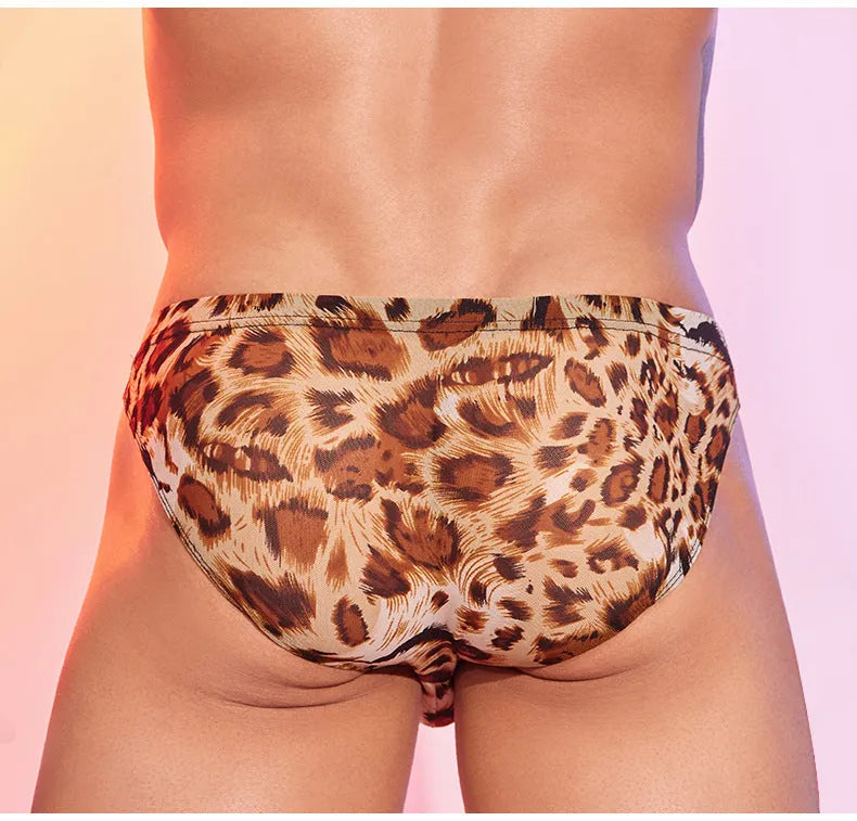 Men's leopard print low waist panties showing animal pattern and nylon fabric texture