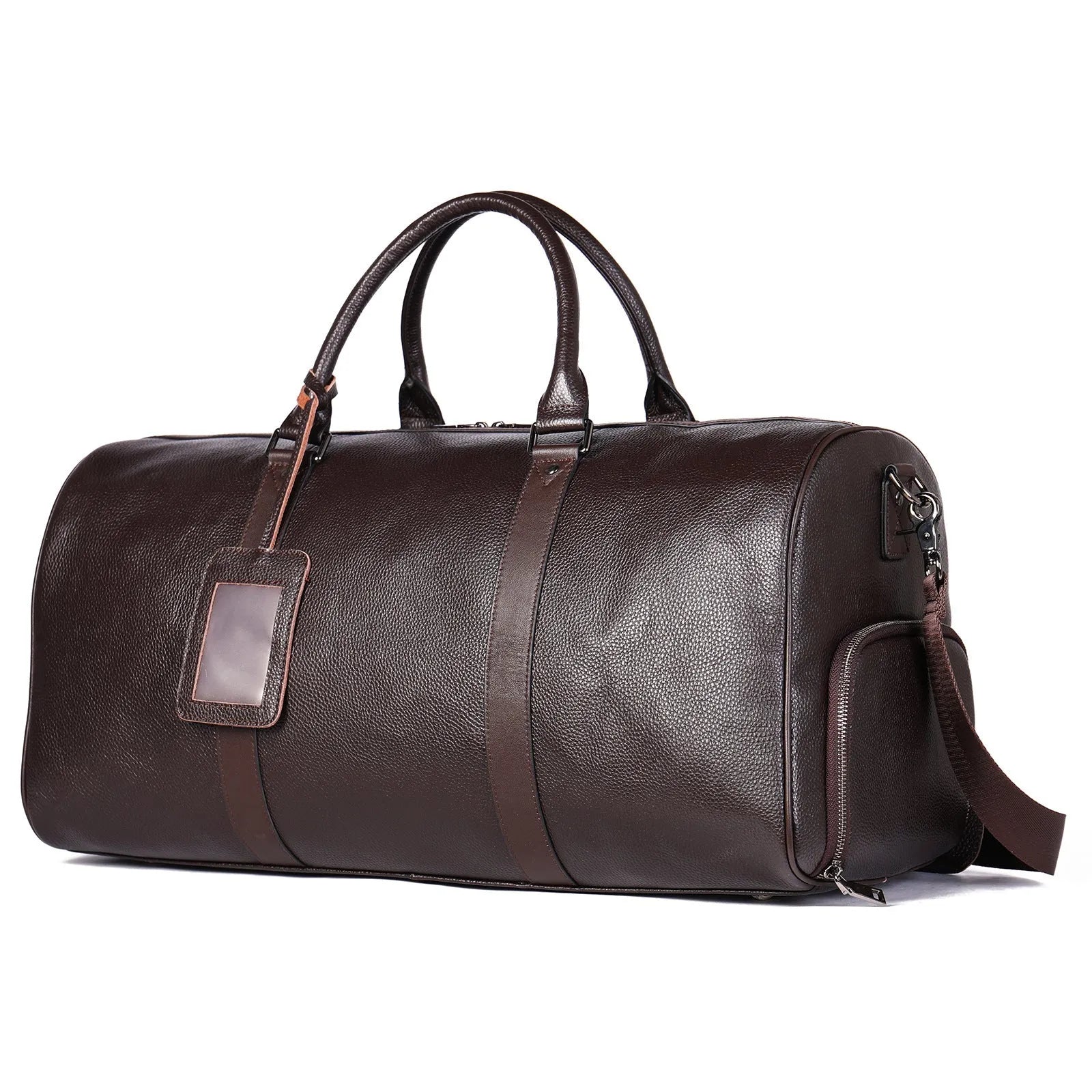 Men's leather excursion travel bag in black or coffee colour with single shoulder strap